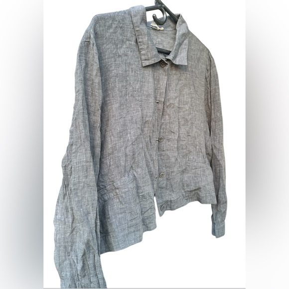Eileen Fisher Yarn-Dye Hanky Organic Linen Crop Jacket in Gray Size L/XL - Picture 3 of 4